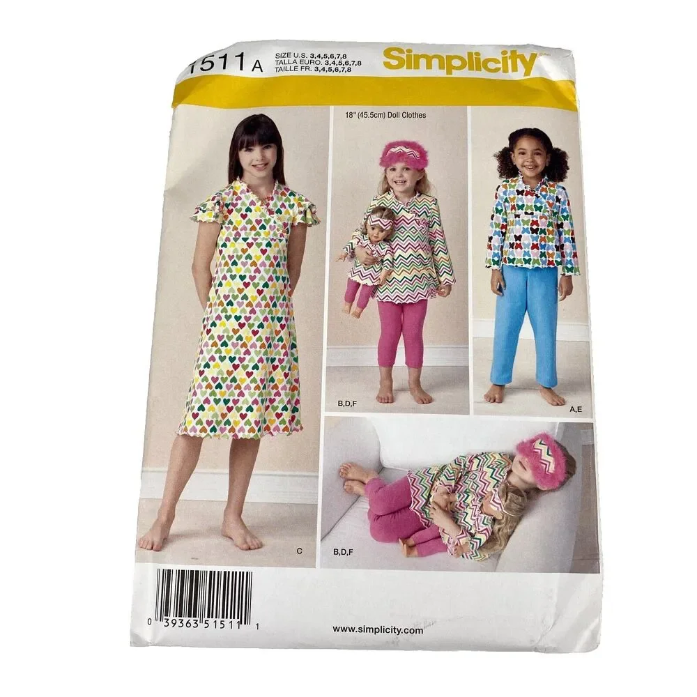Simplicity 1511 Sewing Pattern Girls Clothing Sz 3-8 & 18 Inch Doll UNCUT FF